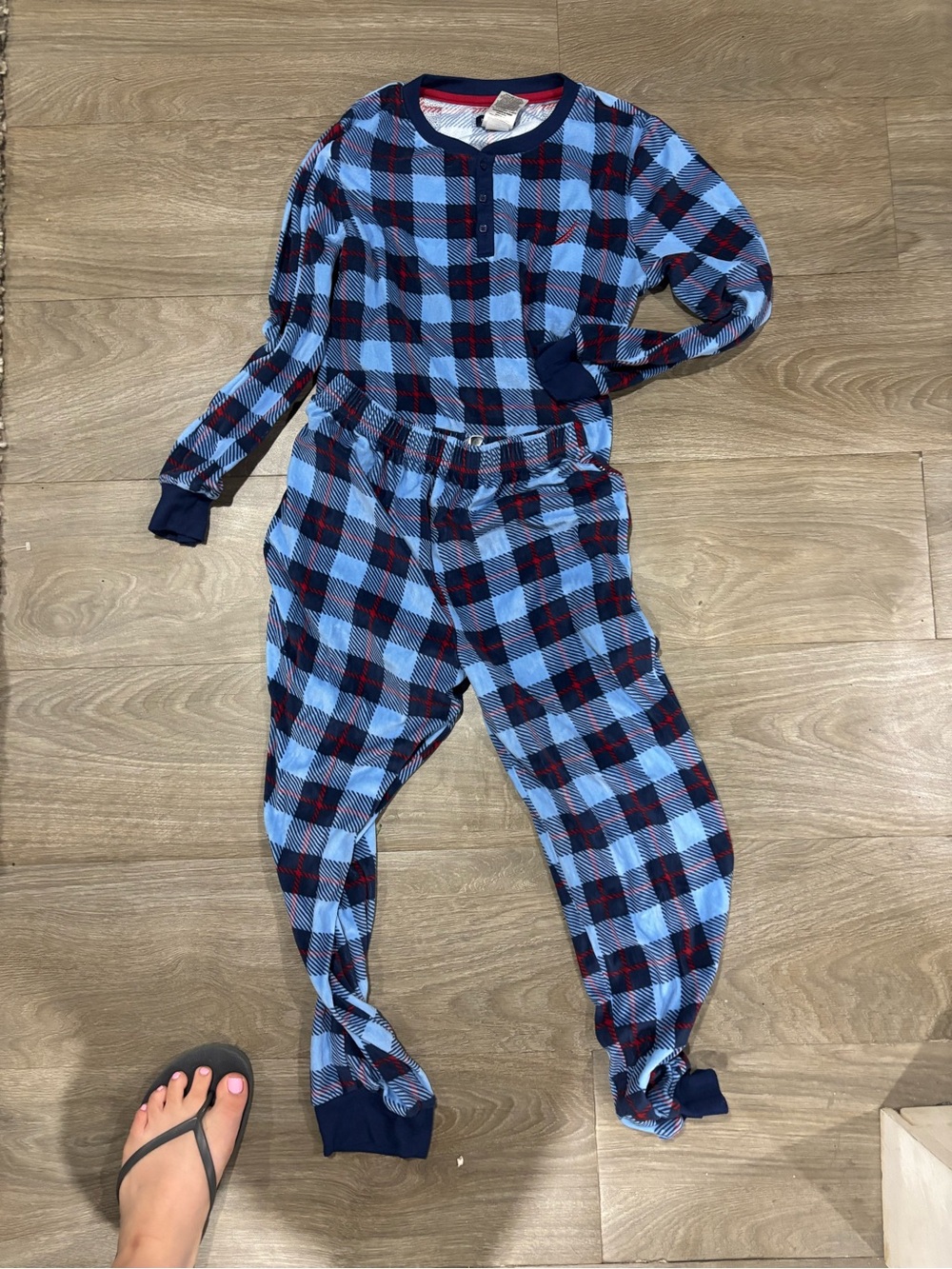 Nautica Blue and Navy Plaid Kids Thermal Pajama Set with Red Accents